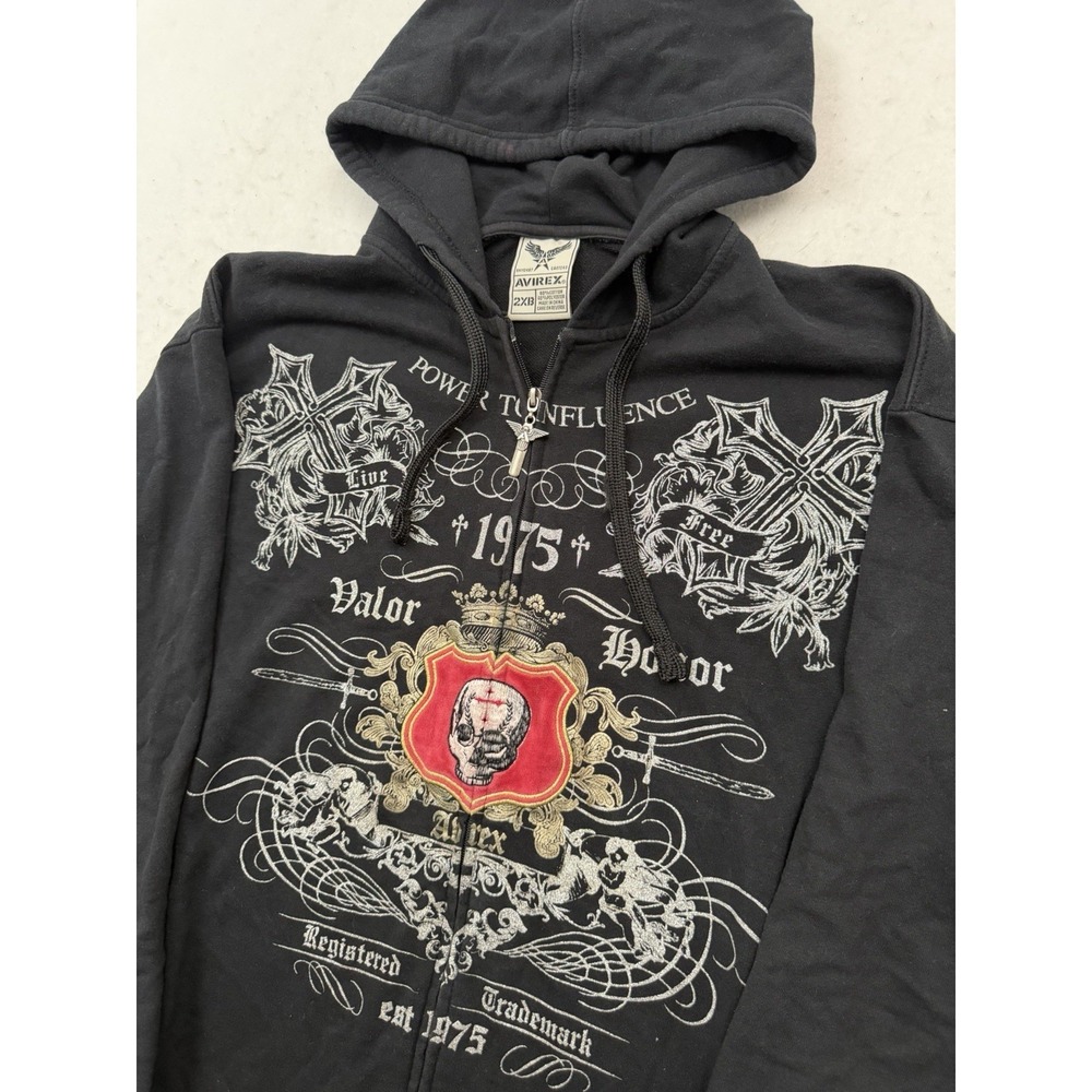 Avirex Graphic Hoodie‎ Men's 2XB Black Full-Zip Skull Crest Y2K Streetwear RARE